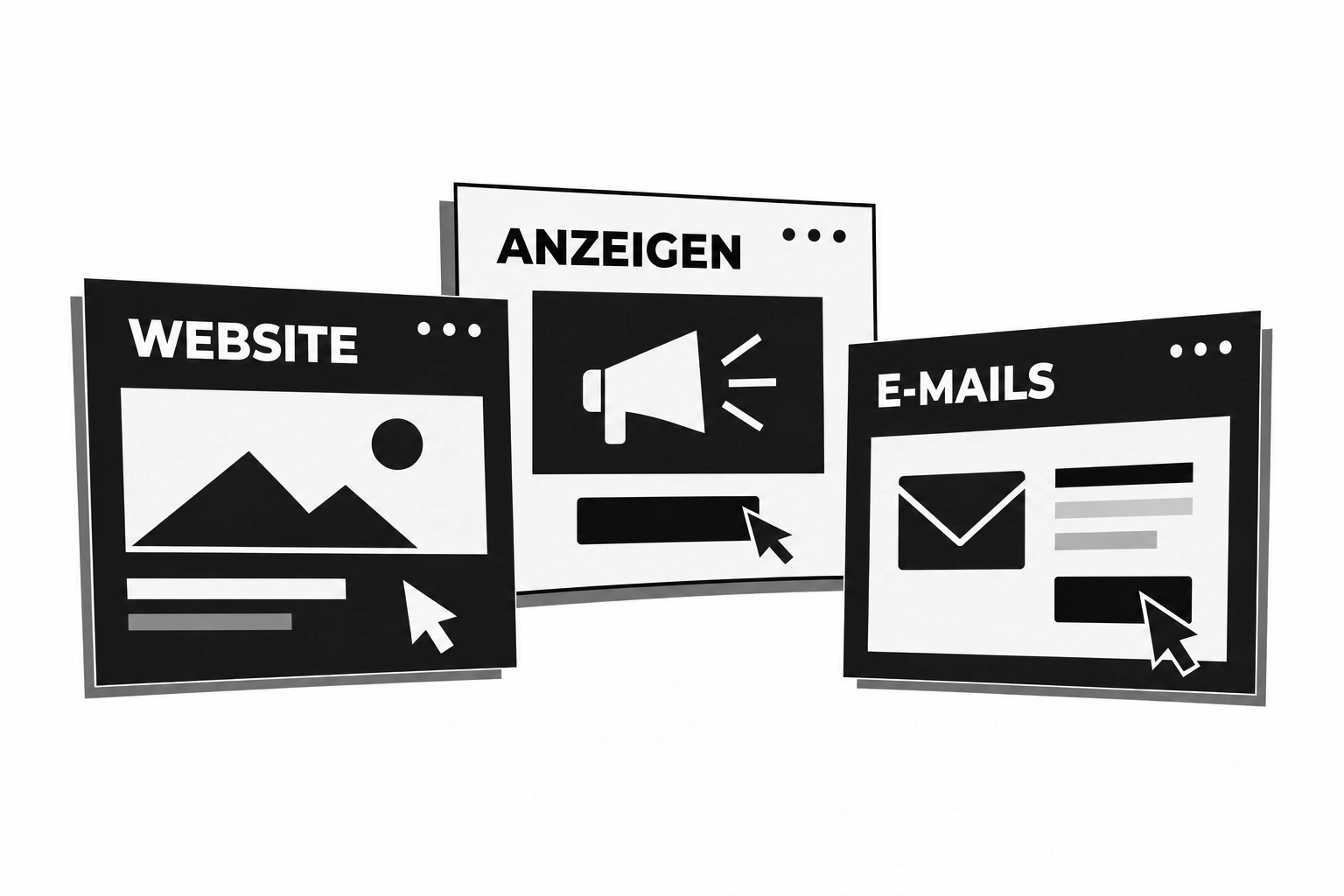 Separate digitale Medien: Website, Werbung und E-Mails.