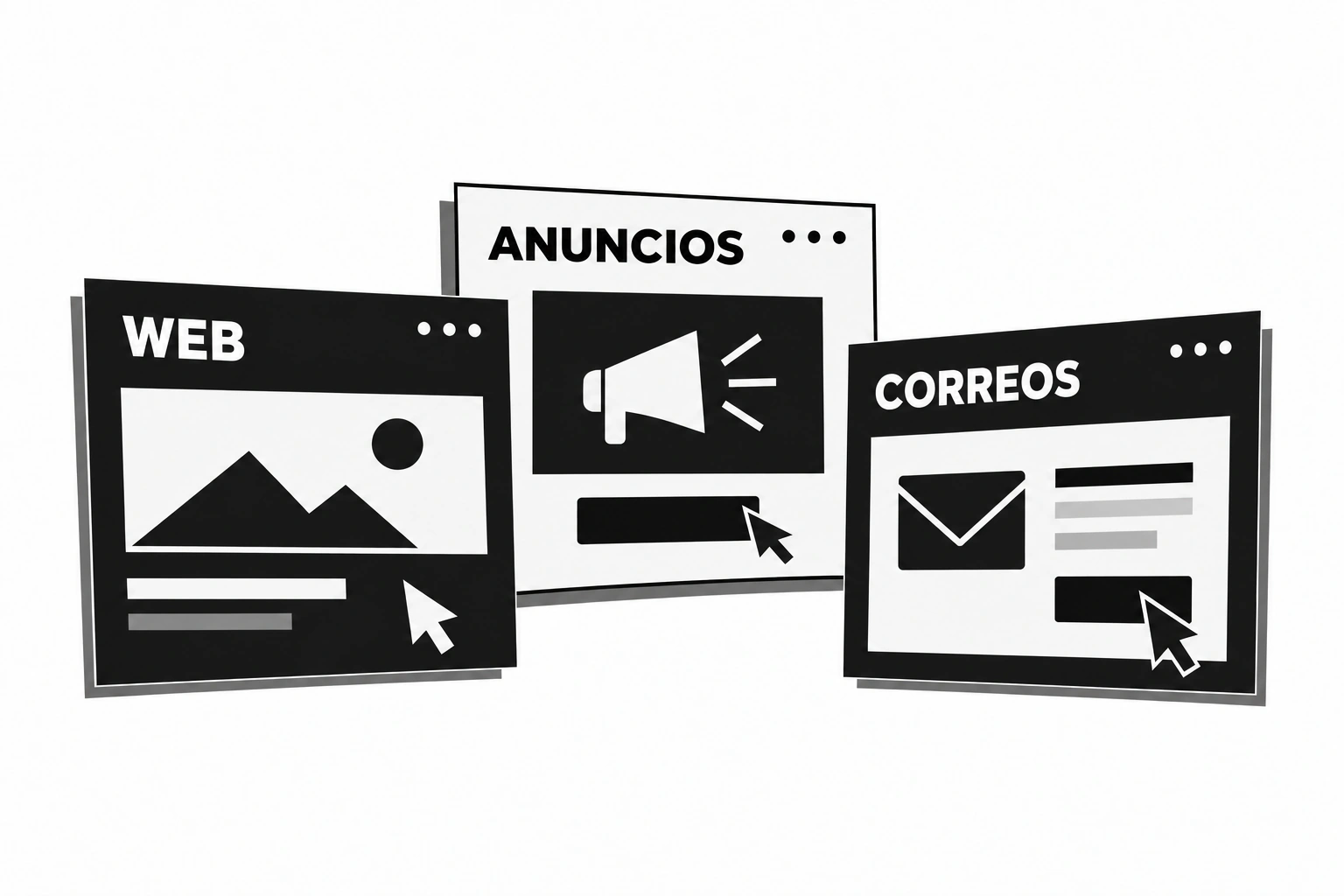 Medios digitales separados: sitio, publicidad y correos electrónicos.